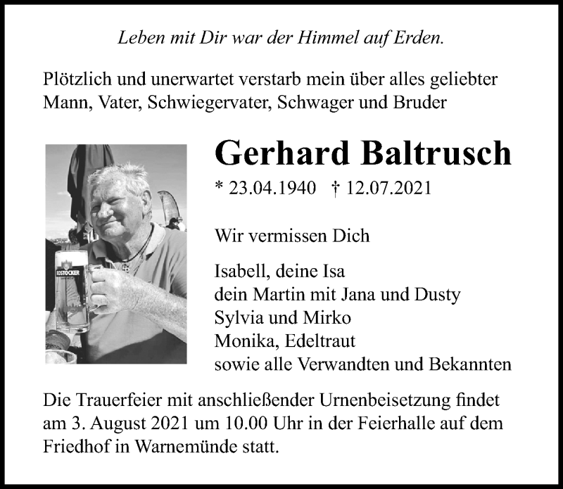  Traueranzeige für Gerhard Baltrusch vom 17.07.2021 aus Ostsee-Zeitung GmbH