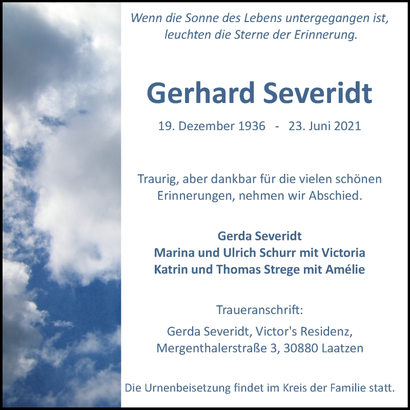  Traueranzeige für Gerhard Severidt vom 03.07.2021 aus Hannoversche Allgemeine Zeitung/Neue Presse