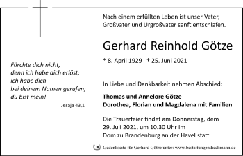 Traueranzeige von Gerhard Reinhold Götze von Märkischen Allgemeine Zeitung