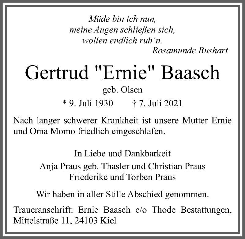  Traueranzeige für Gertrud Baasch vom 31.07.2021 aus Kieler Nachrichten