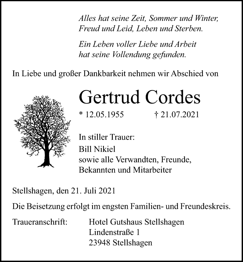  Traueranzeige für Gertrud Cordes vom 28.07.2021 aus Ostsee-Zeitung GmbH