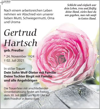 Traueranzeige von Gertrud Hartsch von Leipziger Volkszeitung