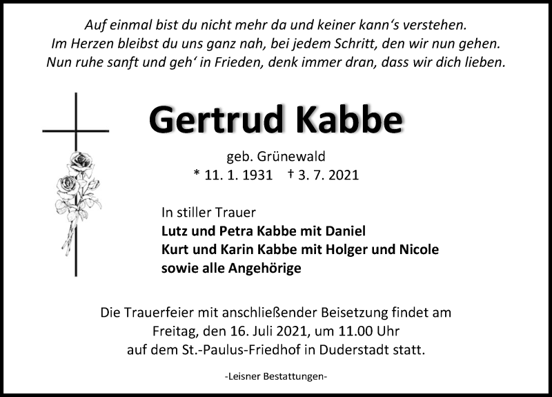  Traueranzeige für Gertrud Kabbe vom 10.07.2021 aus Eichsfelder Tageblatt