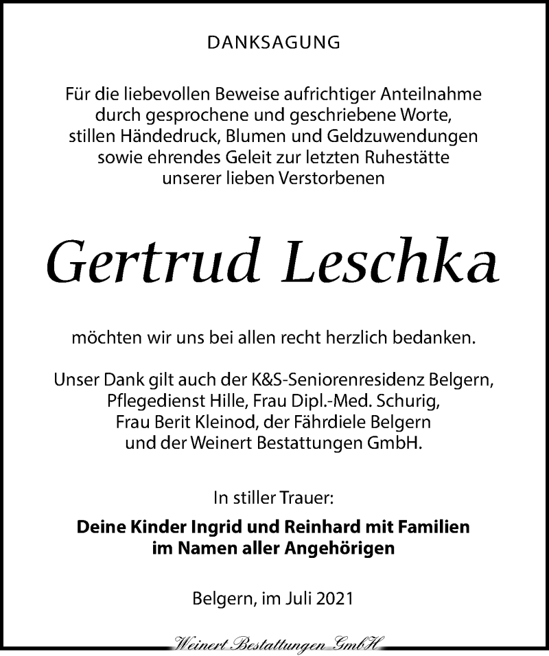  Traueranzeige für Gertrud Leschka vom 31.07.2021 aus Torgauer Zeitung
