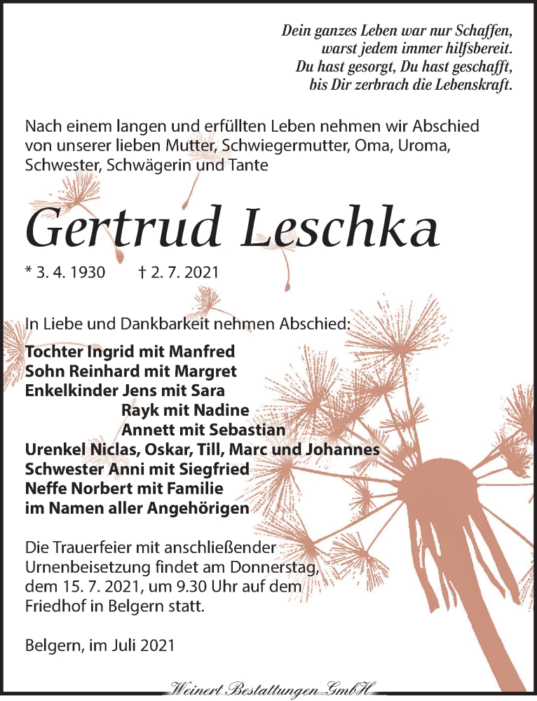  Traueranzeige für Gertrud Leschka vom 10.07.2021 aus Torgauer Zeitung