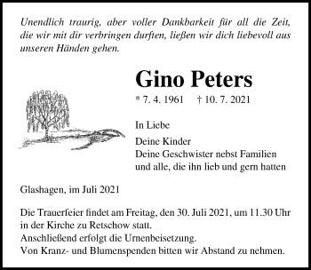 Traueranzeige von Gino Peters von Ostsee-Zeitung GmbH