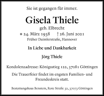 Traueranzeige von Gisela Thiele von Hannoversche Allgemeine Zeitung/Neue Presse