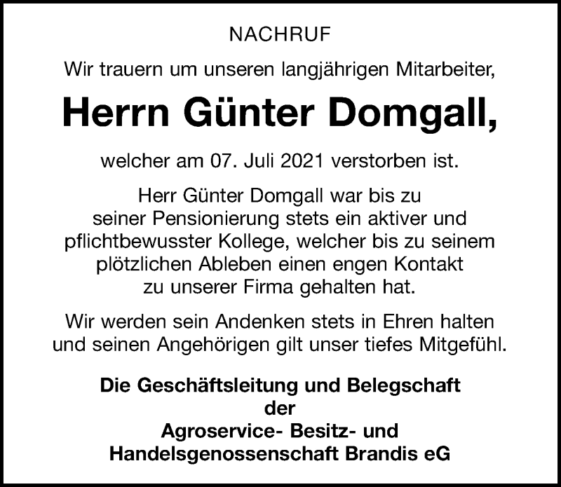  Traueranzeige für Günter Domgall vom 24.07.2021 aus Leipziger Volkszeitung