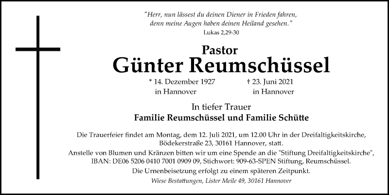  Traueranzeige für Günter Reumschüssel vom 03.07.2021 aus Hannoversche Allgemeine Zeitung/Neue Presse
