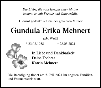Traueranzeige von Gundula Erika Mehnert von Ostsee-Zeitung GmbH