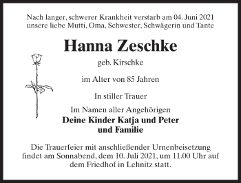 Traueranzeige von Hanna Zeschke von Märkischen Allgemeine Zeitung