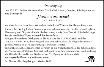 Traueranzeige von Hanne-Lore Seidel von Ostsee-Zeitung GmbH
