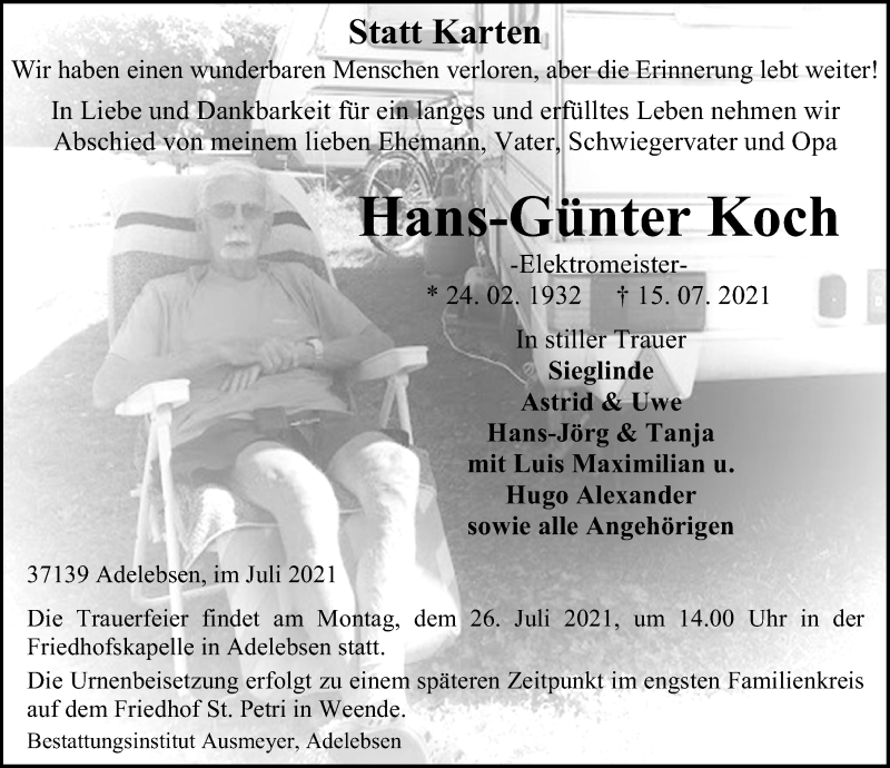  Traueranzeige für Hans-Günter Koch vom 17.07.2021 aus Göttinger Tageblatt