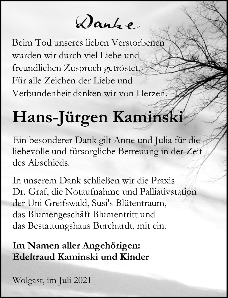  Traueranzeige für Hans-Jürgen Kaminski vom 17.07.2021 aus Ostsee-Zeitung GmbH