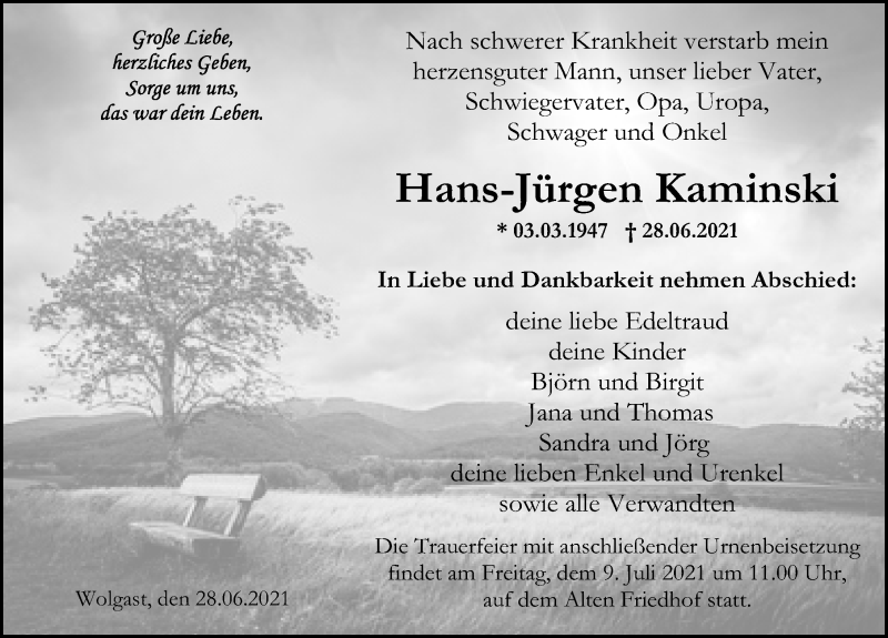  Traueranzeige für Hans-Jürgen Kaminski vom 03.07.2021 aus Ostsee-Zeitung GmbH