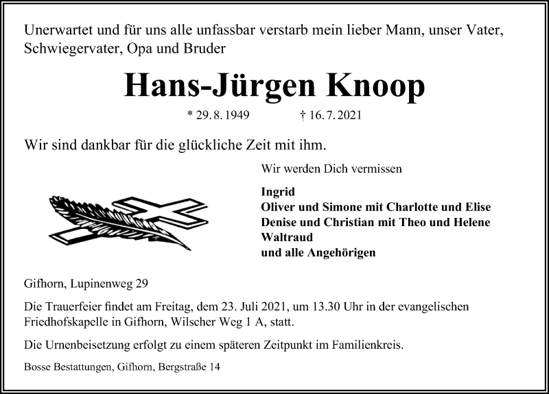  Traueranzeige für Hans-Jürgen Knoop vom 21.07.2021 aus Aller Zeitung