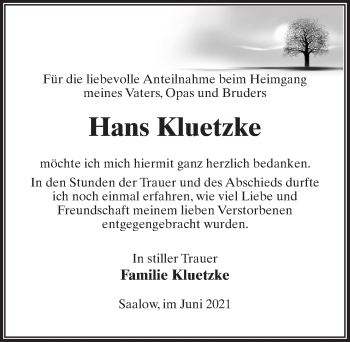 Traueranzeige von Hans Kluetzke von Märkischen Allgemeine Zeitung