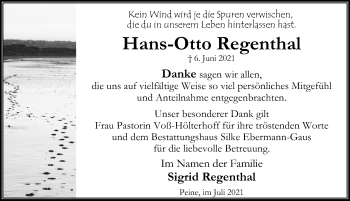 Traueranzeige von Hans-Otto Regenthal von Peiner Allgemeine Zeitung