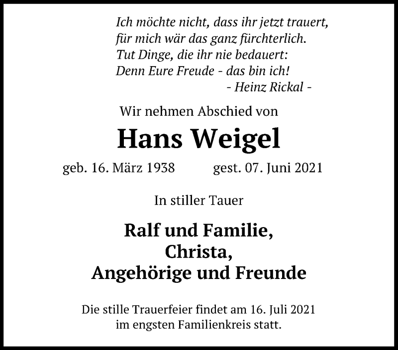  Traueranzeige für Hans Weigel vom 02.07.2021 aus Leipziger Volkszeitung