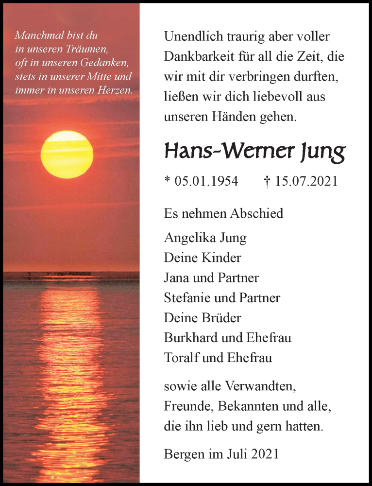  Traueranzeige für Hans-Werner Jung vom 24.07.2021 aus Ostsee-Zeitung GmbH
