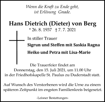 Traueranzeige von Hans Dietrich von Berg von Eichsfelder Tageblatt