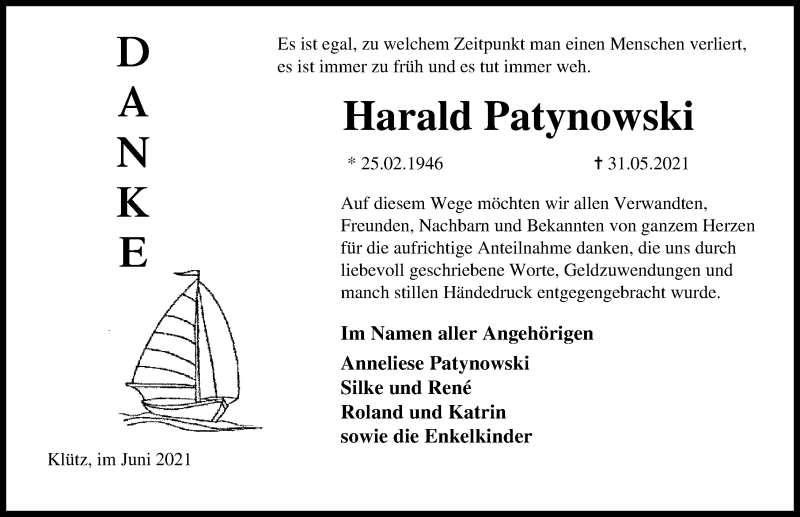  Traueranzeige für Harald Patynowski vom 02.07.2021 aus Ostsee-Zeitung GmbH
