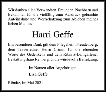 Traueranzeige von Harri Geffe von Ostsee-Zeitung GmbH