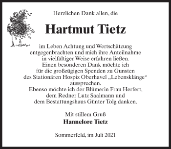 Traueranzeige von Hartmut Tietz von Märkischen Allgemeine Zeitung