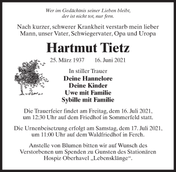 Traueranzeige von Hartmut Tietz von Märkischen Allgemeine Zeitung