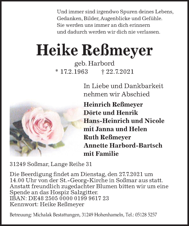  Traueranzeige für Heike Reßmeyer vom 24.07.2021 aus Peiner Allgemeine Zeitung