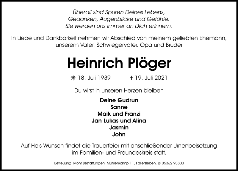  Traueranzeige für Heinrich Plöger vom 24.07.2021 aus Aller Zeitung