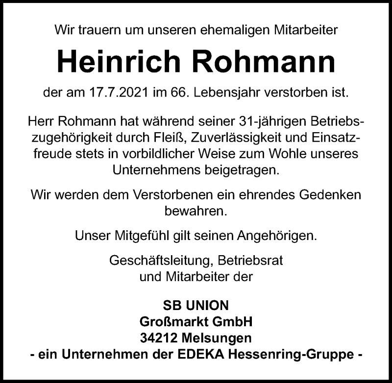  Traueranzeige für Heinrich Rohmann vom 24.07.2021 aus Göttinger Tageblatt