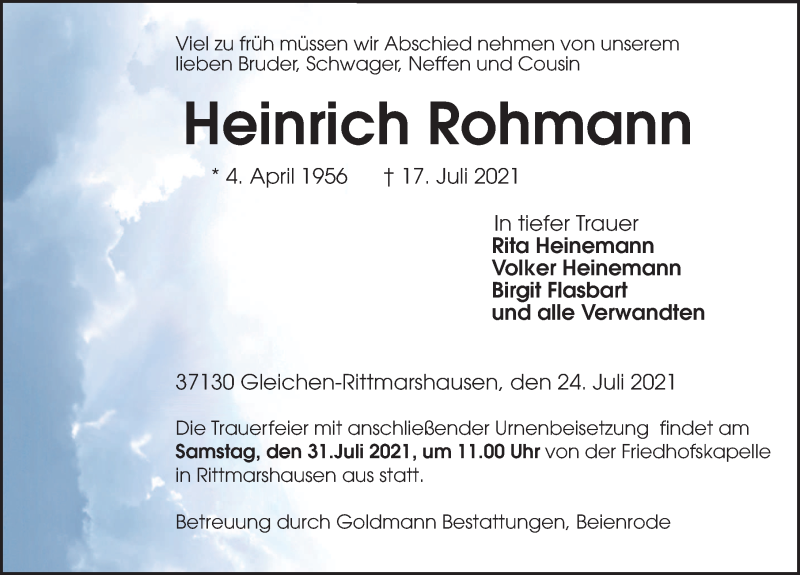  Traueranzeige für Heinrich Rohmann vom 24.07.2021 aus Göttinger Tageblatt