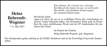 Traueranzeige von Heinz Behrendt-Wegener von Lübecker Nachrichten