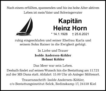 Traueranzeige von Heinz Horn von Kieler Nachrichten
