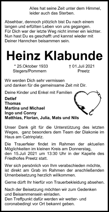 Traueranzeige von Heinz Klabunde von Kieler Nachrichten