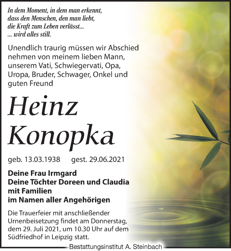  Traueranzeige für Heinz Konopka vom 10.07.2021 aus Leipziger Volkszeitung
