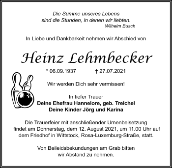 Traueranzeige von Heinz Lehmbecker von Märkischen Allgemeine Zeitung