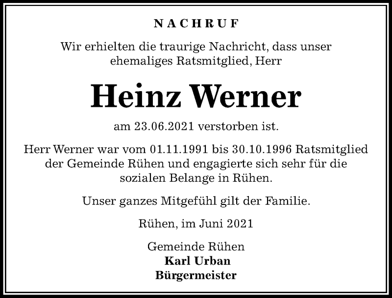  Traueranzeige für Heinz Werner vom 03.07.2021 aus Aller Zeitung