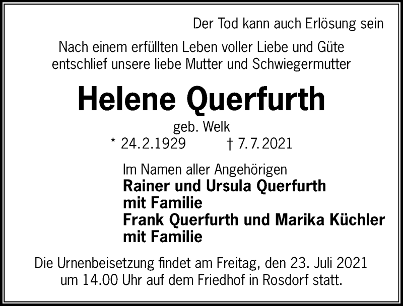  Traueranzeige für Helene Querfurth vom 17.07.2021 aus Göttinger Tageblatt