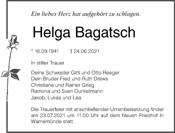 Traueranzeige von Helga Bagatsch von Ostsee-Zeitung GmbH