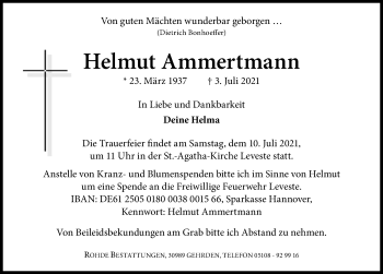Traueranzeige von Helmut Ammertmann von Hannoversche Allgemeine Zeitung/Neue Presse