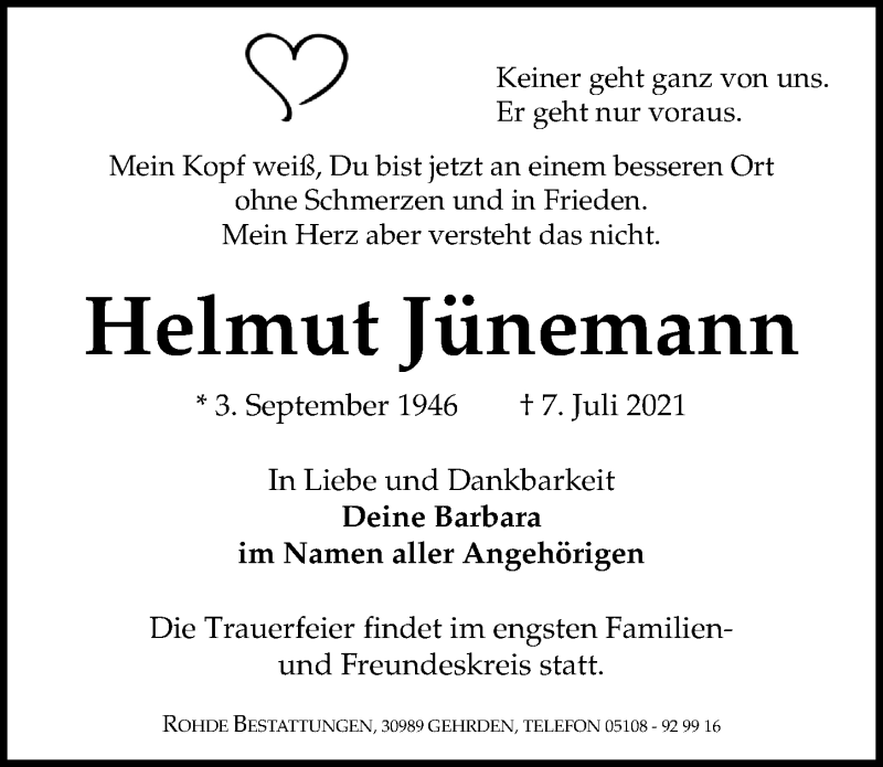  Traueranzeige für Helmut Jünemann vom 10.07.2021 aus Hannoversche Allgemeine Zeitung/Neue Presse