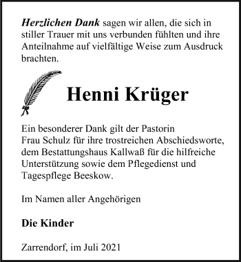 Traueranzeige von Henni Krüger von Ostsee-Zeitung GmbH