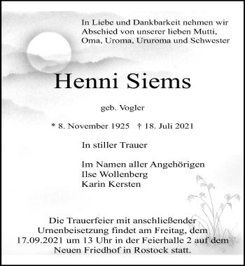 Traueranzeige von Henni Siems von Ostsee-Zeitung GmbH