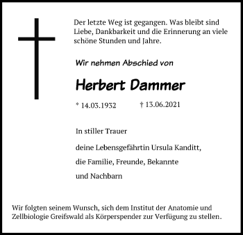 Traueranzeige von Herbert Dammer von Ostsee-Zeitung GmbH