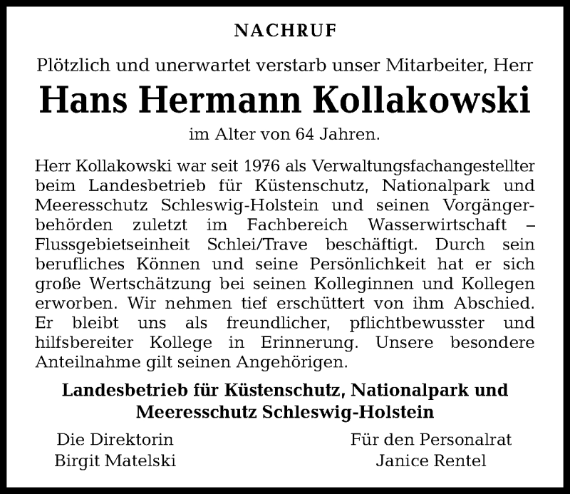  Traueranzeige für Hermann Kollakowski vom 22.07.2021 aus Kieler Nachrichten