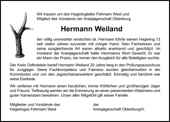 Traueranzeige von Hermann Weiland von Lübecker Nachrichten