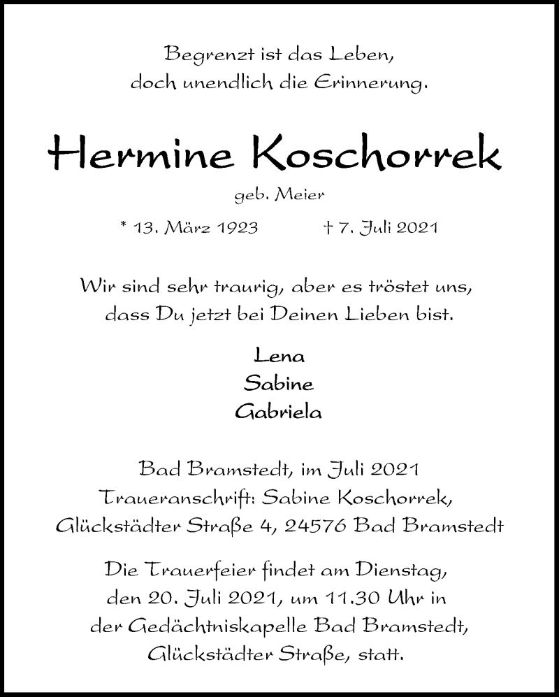  Traueranzeige für Hermine Koschorrek vom 17.07.2021 aus Kieler Nachrichten