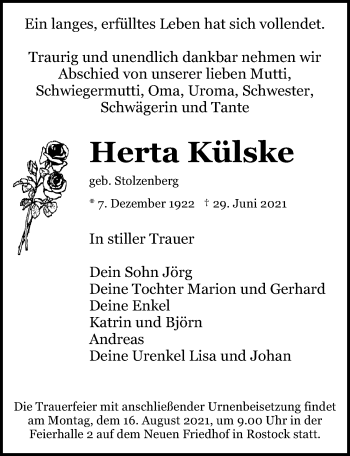 Traueranzeige von Herta Külske von Ostsee-Zeitung GmbH